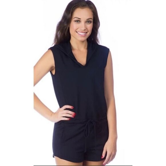 NWOT PL Movement by Pink Lotus Mantra Navy Romper w/ SS Drawstring & Hood -Sz M - Picture 1 of 11